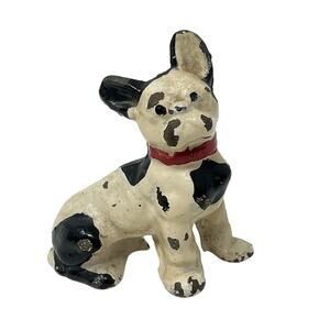 Cast Iron Sitting French Bulldog Black & White Painted 3" Paperweight Antique